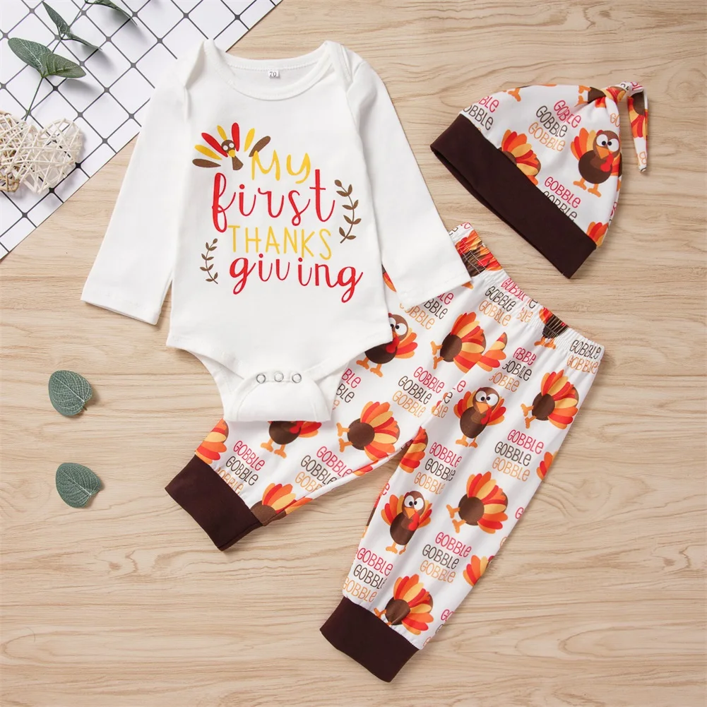 3PCS Smart Newborn Baby Kids Girl Boy Romper Tops+Pants+Hat Thanksgiving Outfits
