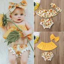 Комплект одежды для новорожденных и маленьких девочек, футболка с открытыми плечами+ шорты+ повязка на голову, комплекты одежды из 3 предметов, одежда для малышей 0-24 месяцев