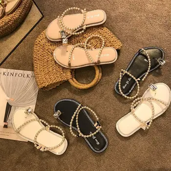 

INS New Fashion Women Sandals 2020 Summer Shoes Thong Flat Pearl Sandals Comfortable String Bead Slippers Women Casual Sandals