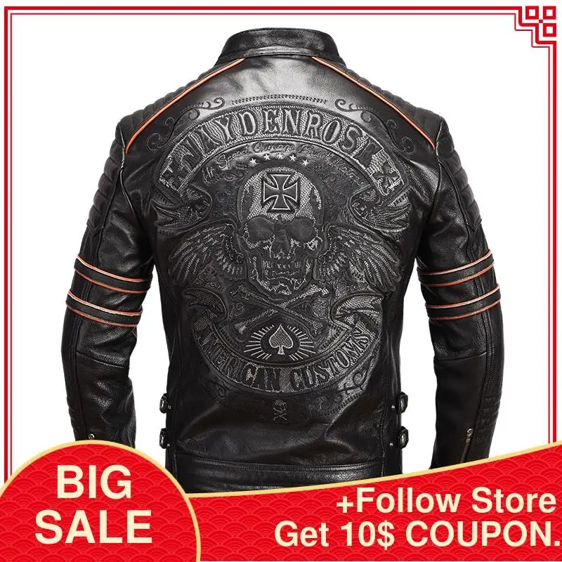 

2016 Men Black Skull Embroidery Leather Motorcycle Jacket Stand Collar Real Cowhide Slim Fit XXXL Russian Coat FREE SHIPPING