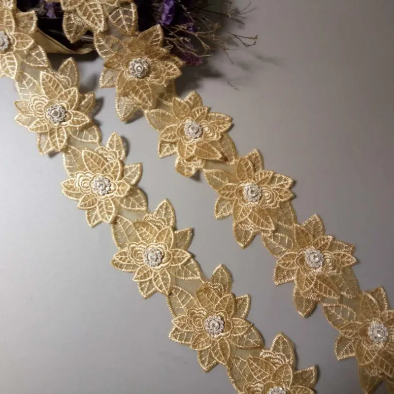 

2 yard Pearl Gold Lace Edge Trim Beaded Embroidered Flower Ribbon Floral Applique DIY Patches Fabric Sewing Craft Wedding 7cm