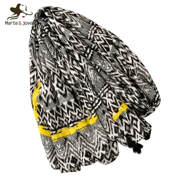 

Marte&Joven Luxury Wave Pattern Gray Winter Warm Scarf Women Soft Yellow Striped Pashmina Wrap for Ladies Long Tassel Bandana