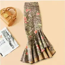 Размера плюс 4XL! Асимметричная юбка рыбий хвост с высокой талией, женская зимняя одежда, винтажная юбка с принтом зеленого цветка, Офисная Женская юбка TB3751