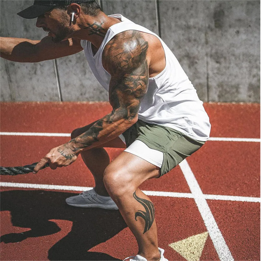 Men 2 in 1 Running Shorts Jogging Gym Fitness Training Quick Dry Beach Short Pants Male Summer Sports Workout Bottoms Bermuda