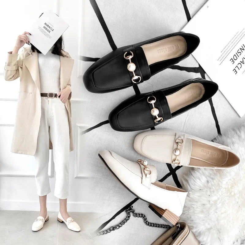 

Spring new British style mature professional women's loafers retro casual luxury inlaid pearl square 2.5 cm head high heels