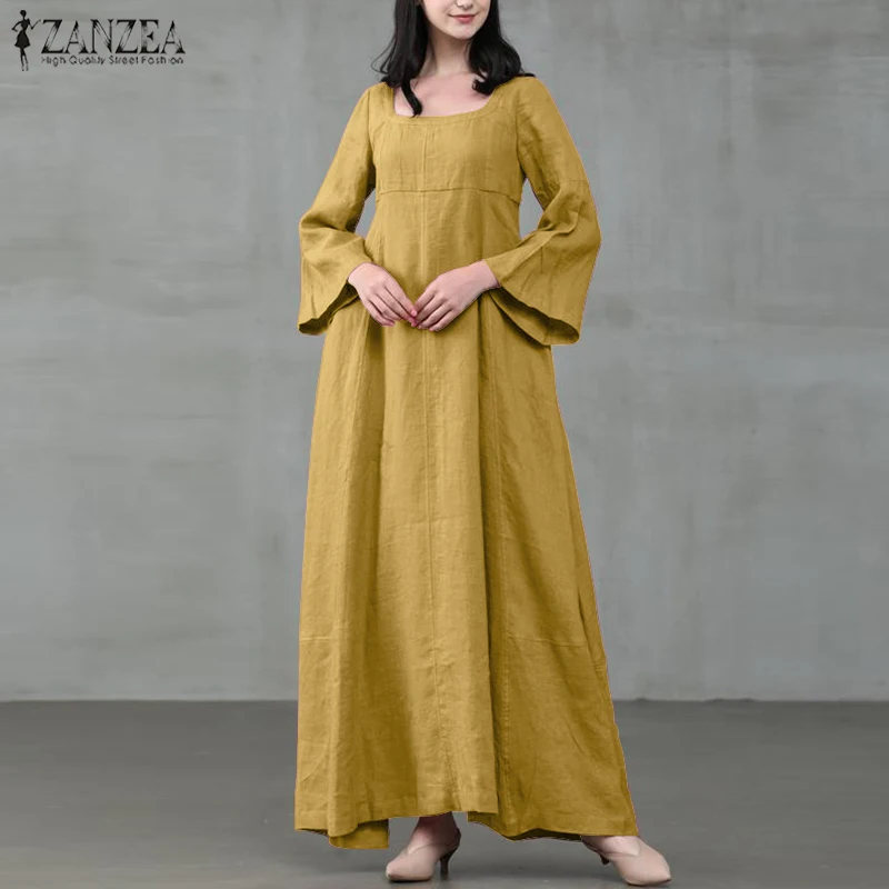 Retro Square Neck Maxi Dress Womens Autumn Sundress ZANZEA 2020 Casual Flare Sleeve Vestidos Female Solid Robe Oversized 5XL