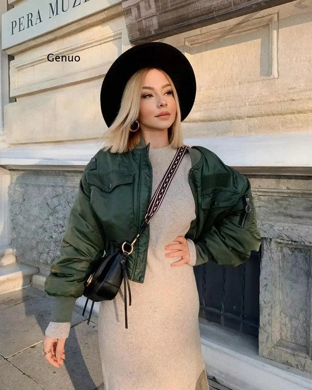 

Stylish Lady Autumn Winter Green Short Jackets Women Fashion Long Sleeve Zipper Bomber Jacket Outwear Women's Coat