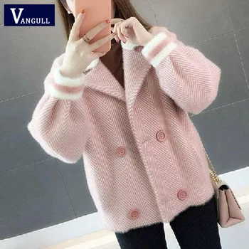 

Vangull Winter Women Striped Jackets Double Breasted Lantern Sleeve Thick Cardigan Coat 2019 Autumn Loose Short Jacket Outerwear