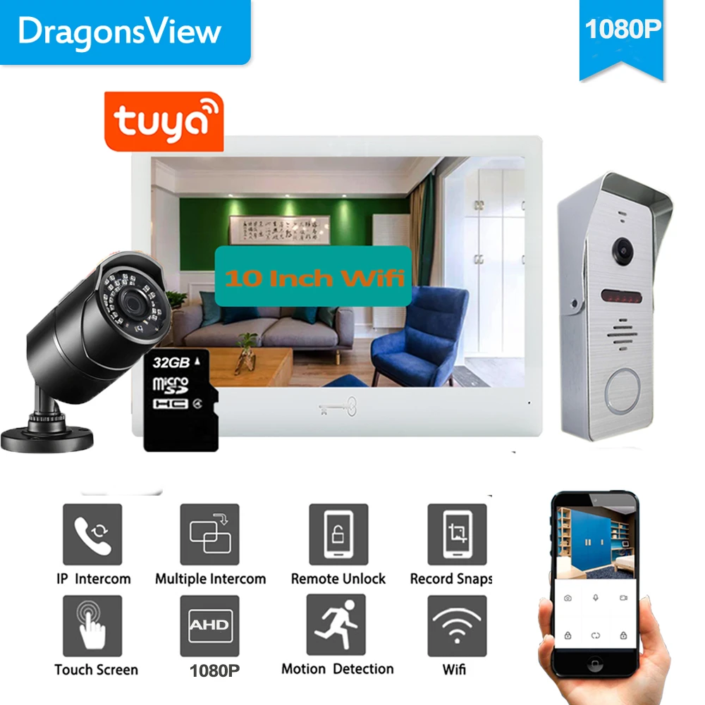 intercom with screen Dragonsview  10" Color Video Door Phone Wifi Wireless Video Intercom System Tuya App Mobile Unlock Monitor Day Night IR video intercom doorbell