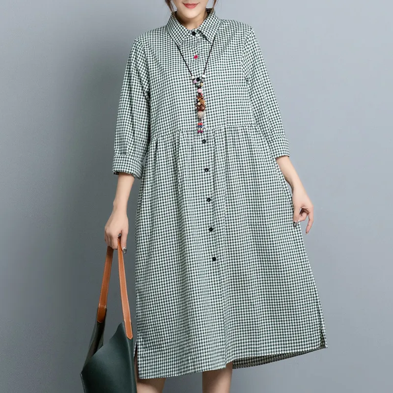 

Uego Long Sleeve Autumn Dress Print Plaid Preppy Style Shirts Blouse Dress Cotton Linen 2019 New Women Casual Midi Party Dress