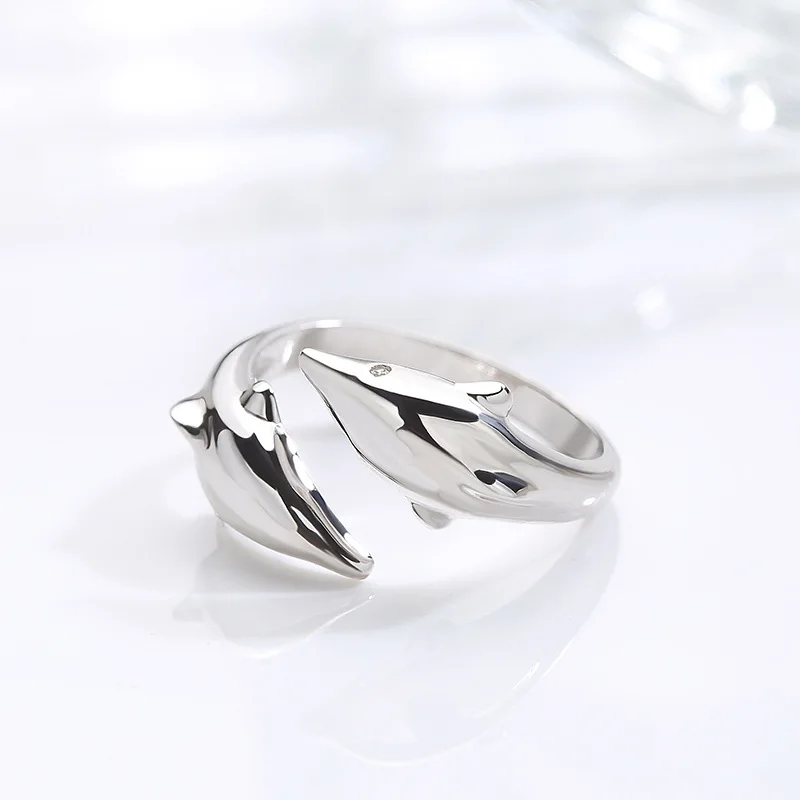 Simple Fashion Silver Color Feather Dolphin Adjustable Ring Exquisite Jewelry Ring For Women Party Wedding Engagement Gift 5