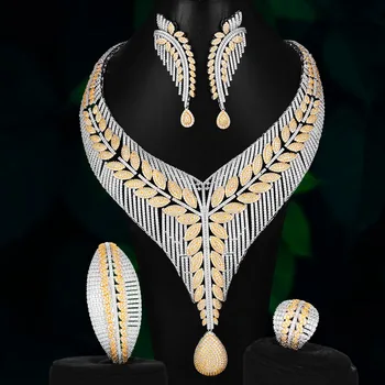 

Brand 4 pcs Luxury Bride wedding jewelry CZ Women jewelry sets Dubai Indian Long Necklace Earrings set Bangle Ring bijoux femme