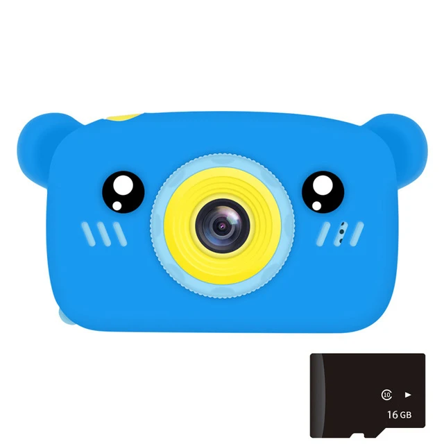Детская мини-камера с цифровым полноэкранным дисплеем, HD портативная видеокамера, Обучающие игрушки, подарок на день рождения, игры на открытом воздухе - Цвет: 16G Blue Bear