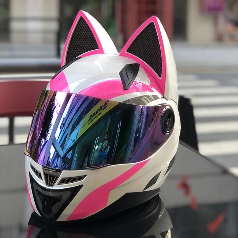 Ece Goedgekeurd Roze Mooie Kat Helmen Regenboog Vizier Racing Helm Off Road  Volledige Gezicht Motorhelm|Helmets| - AliExpress