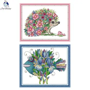 

Beautiful hedgehog and fish counted and stamped cross stitch kit Aida 14ct 11ct embroidery set DIY handmade needlework crafts