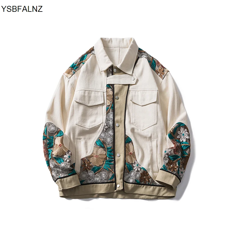 

2022 Korea Autumn Casual Jacket Loose Color-Block Embroidered Denim Jacket Japanese Retro Lapel Trendy Top Long-sleeved Jacket