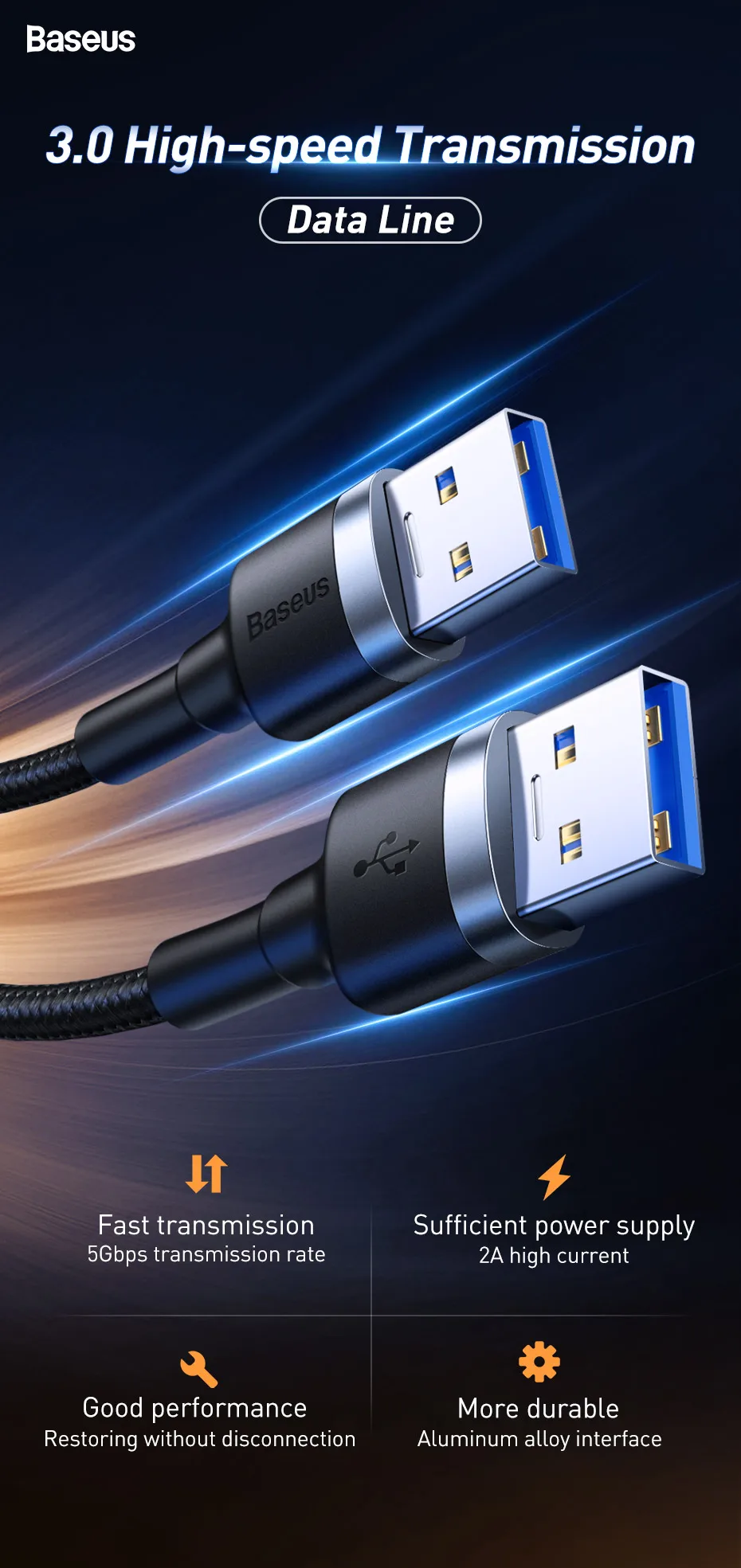 Baseus USB к USB кабель-удлинитель папа к женскому USB к Micro B 3,0 кабель 5 Гбит/с 2A Быстрый кабель синхронизации данных для Smart tv