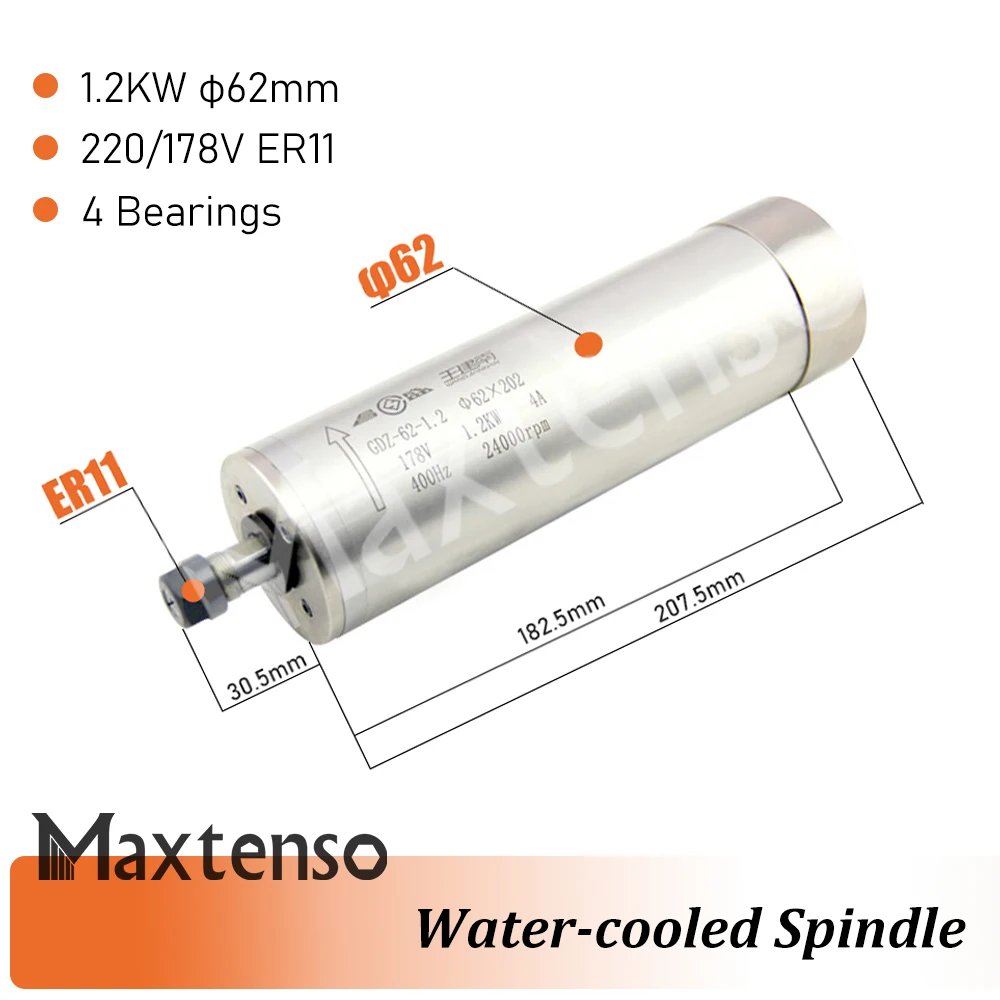 MAXTENSO 1.2KW Water cooled Spindle motor Milling Spindle 24000RPM 36000RPM 60000RPM for Mental Cutting Engraving GDZ62-1.2