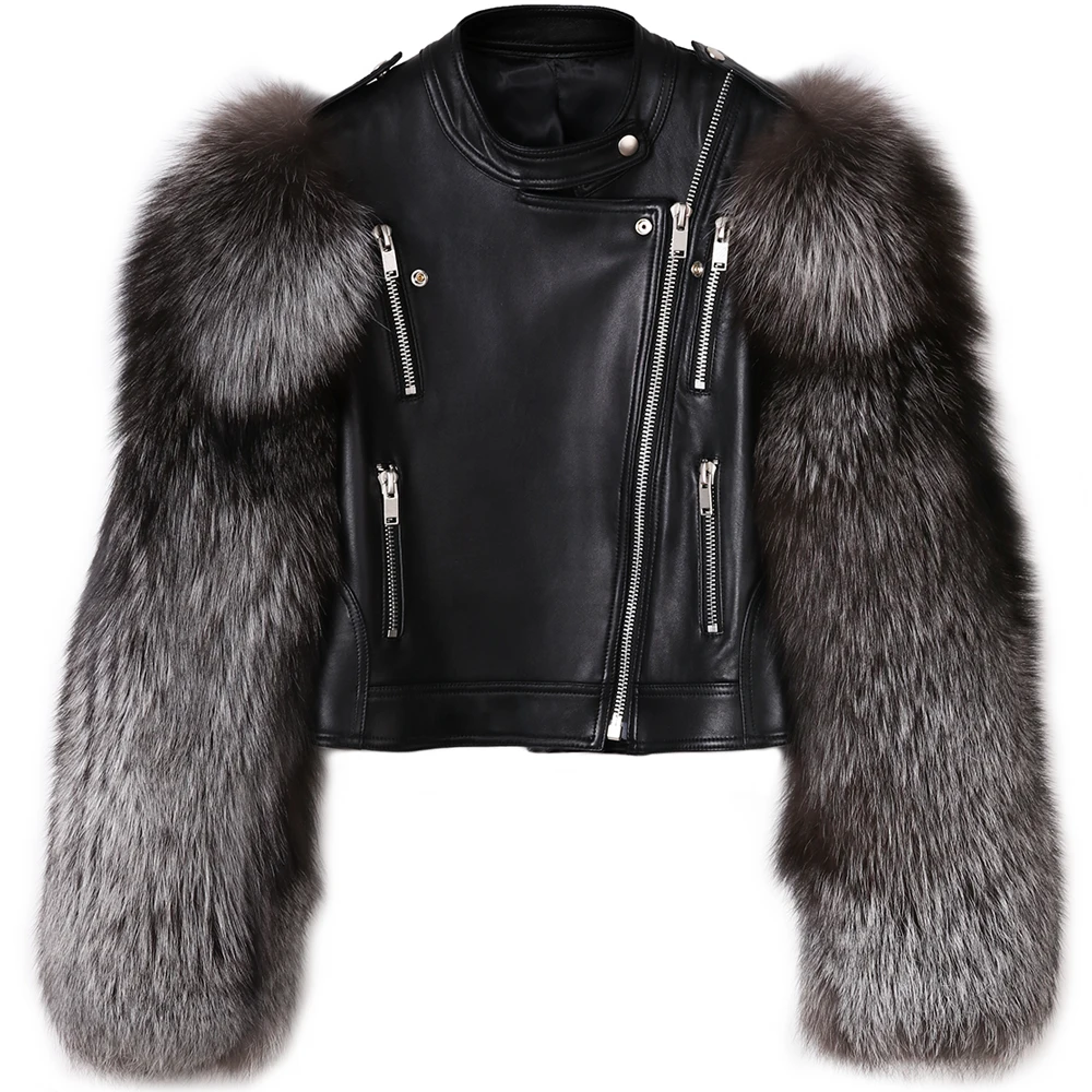 As Shown YOLOAgain women stand collar short genunie leather jacket ladies silver fox fur sleeve real leather jacket - Цвет: As Shown