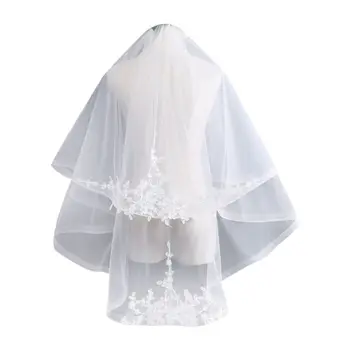 

2 Tier Double-Layer Womens Tulle Fingertip Length Wedding Veil Embroidered Leaves Applique Wide Wavy Trim Bridal Veil With Comb
