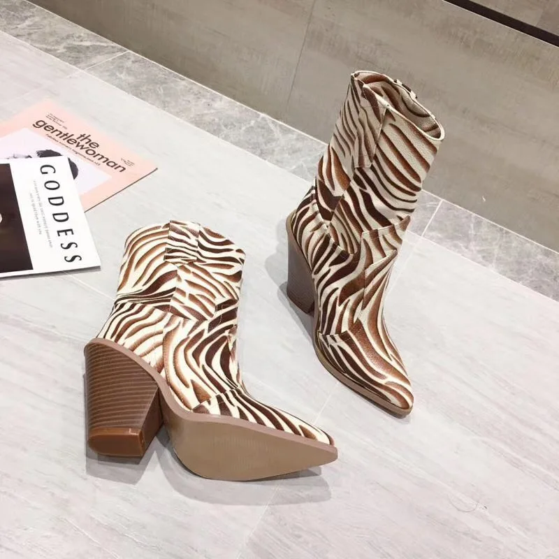 MIULAMIULA Brand Designers Winter New Luxury Leopard Leather Platform High Heels Mid-calf Motorcycle Boots Women Size 35-40