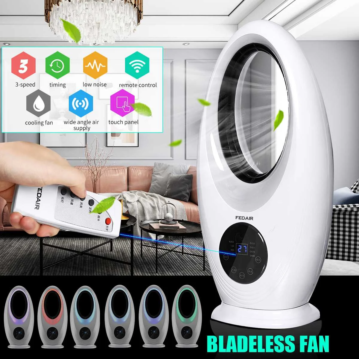 ^Cheap 40W Portable Cool Fan Colorful Light Air Circulation Ventilator Low Noise Home Cooler Fan with Remote Control Bladeless Fan