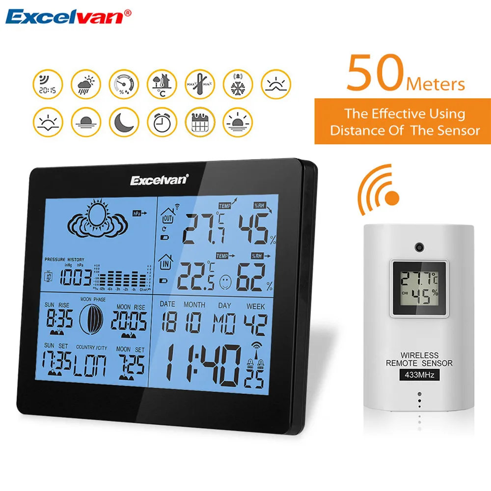 

EXCELVAN Wireless Weather Station with Precision Forecast, Temperature, Humidity, Sunrise/Sunset Time Barometer Dual Alarm