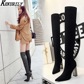 

Winter Thigh High Boots Women Knitting Over the Knee Boots Fashion Square High Heel Sexy Socks Boot Pointed Toe Zapatos De Mujer
