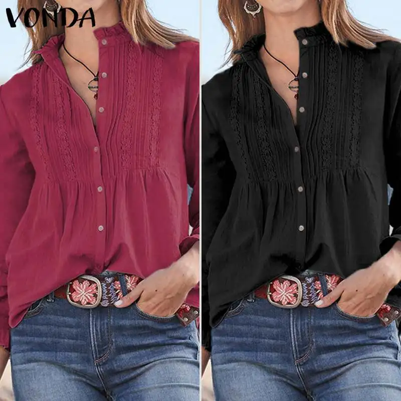 VONDA, женская блуза с длинным рукавом, повседневная, вязанная крючком, хлопковый топ для беременных, рубашка на пуговицах, богемные, вечерние, Blusas Femininas, рубашки для беременных