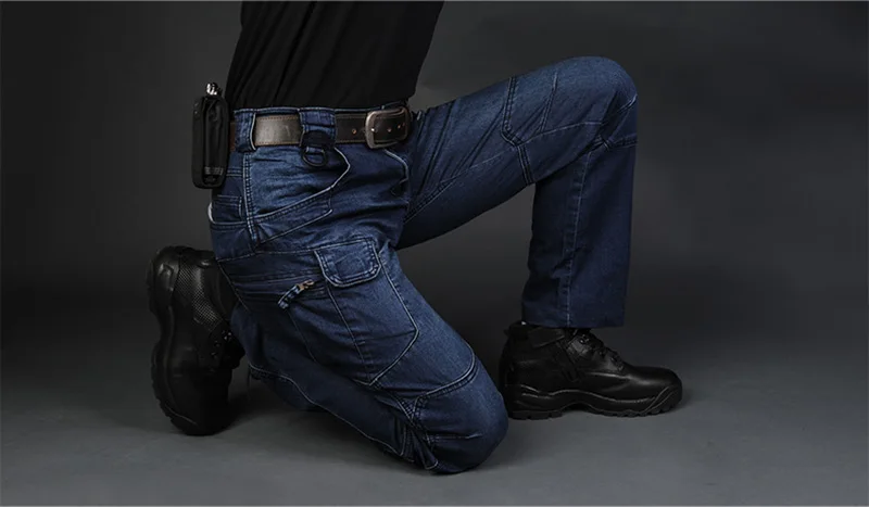 Mcikkny High Quality Men Cargo Tactical Jeans Pants Motorcycle Elastics Waist Denim Trousers For Male Multi Pockets  (9)