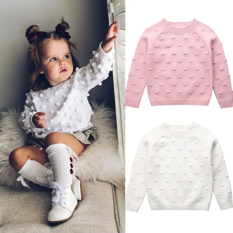 

2020 Cute Infant Toddler Sweater Winter Spring 0-5Y Kids Baby Girl Clothes Solid Pom Pom Knitted Cotton Sweater Warm Top Outwear