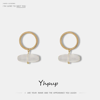 

Yhpup Trendy korean Simple Design Round Copper Dangle Earrings Resin Stone Handmade Earrings for Female Women Office Jewelry New