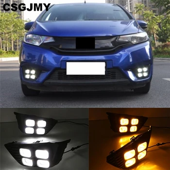 

CSGJMY 2PCS LED DRL Daytime Running Light Daylight With Yellow Turn Signal Lamp For Honda Jazz Fit 2014 2015 2016