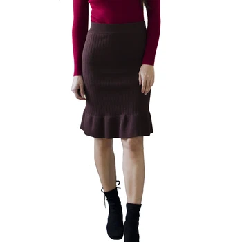 

Ladies Elastic Band Women Skirts Autumn Winter Warm Office Knitted Bodycon Straight Skirt Ruffles Ribbed Mid-Long Skirts Female