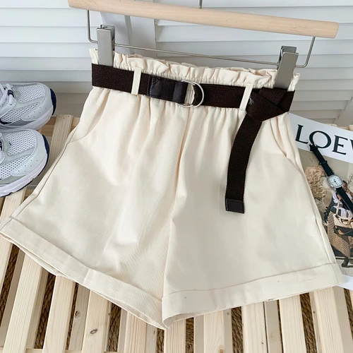 2021 New Summer Korean fashion solid Shorts elastic waist loose casual Shorts wide leg Shorts with belt short shorts Shorts