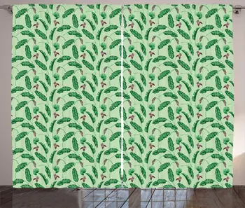 

Mint Green Hunter Green Leaves Curtains Banana Fronds Tropical Foliage Flowers Fruits Greenery Bedroom Window Drapes