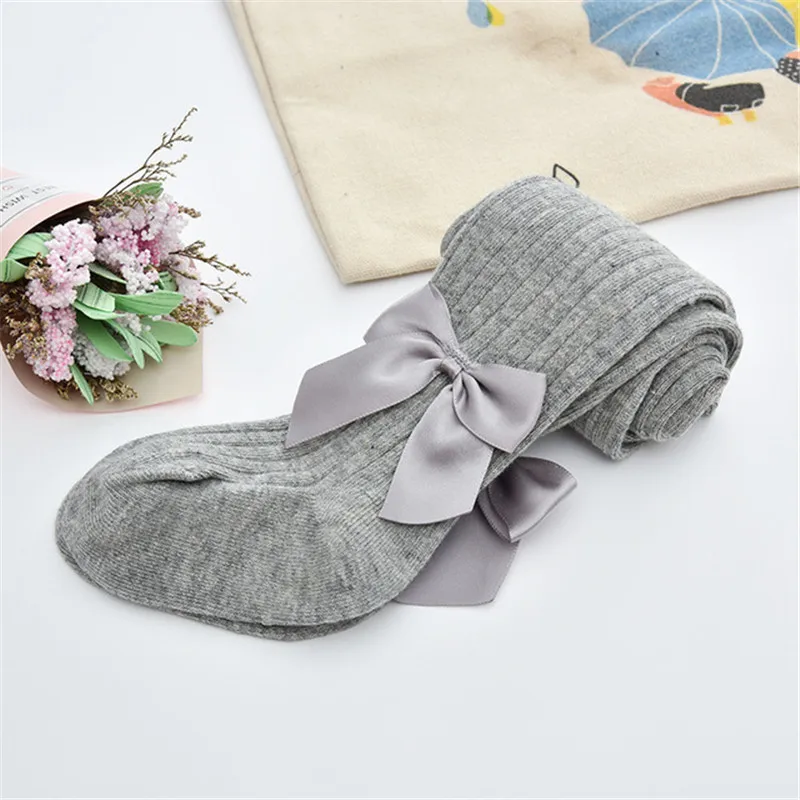 Gray Милые детские колготки; хлопковые колготки с двойной иглой для девочек; колготки с бантом и вертикальной полоской для младенцев - Цвет: Gray