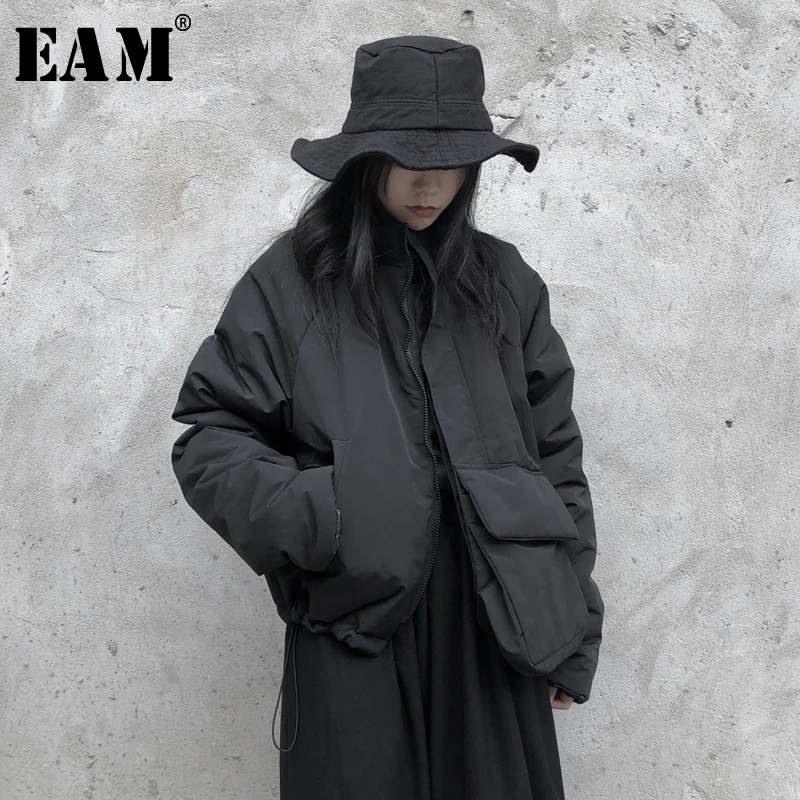 [EAM] пальто с хлопковой подкладкой с карманами, большой размер, Свободная Женская парка с длинным рукавом, модная новинка осень-зима, 1K820