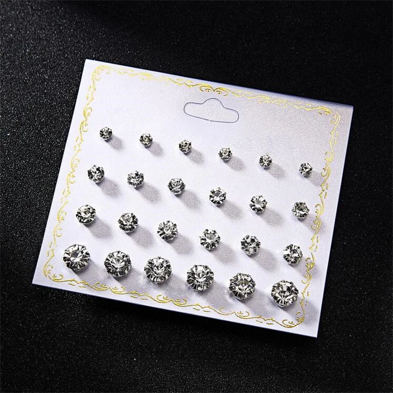 12Pair Crystal Simulated Pearls Women Stud Earrings Accessories Fashion  Light Luxury Colorful Piercing Rhinestones Jewelry Set