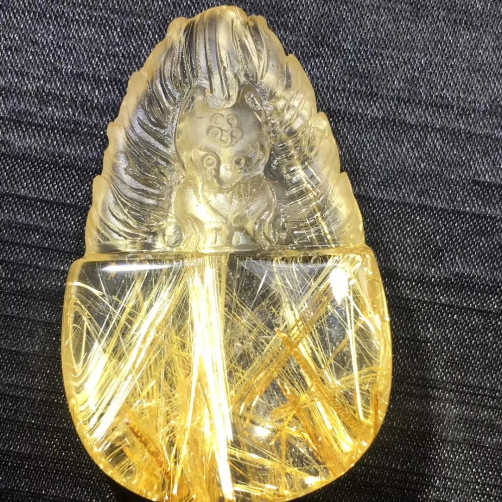 Natural Gold Rutilated Quartz Titanium Pendant FoX Carved Wealthy Gemstone Reiki Gift 52x33x13mm Crystal Pendant AAAAAA