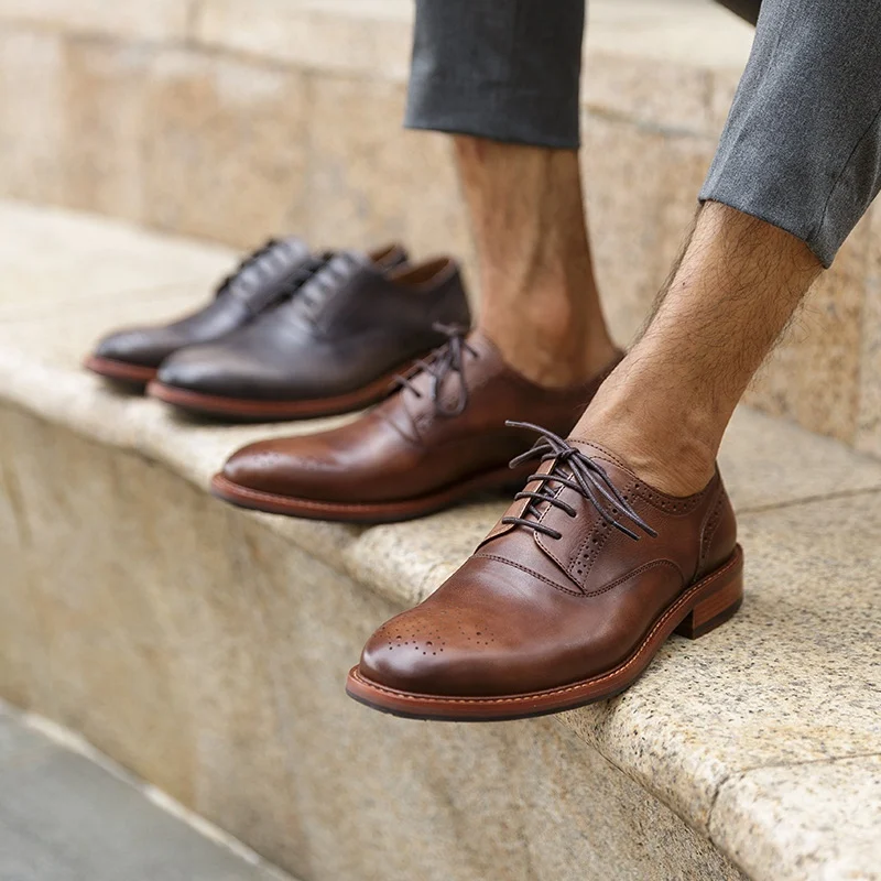 New Summer Round Toe Laces Man Formal Dress Shoes Genuine Leather Party Oxfords Handmade Men's Breathable Brogues Flats NHS269