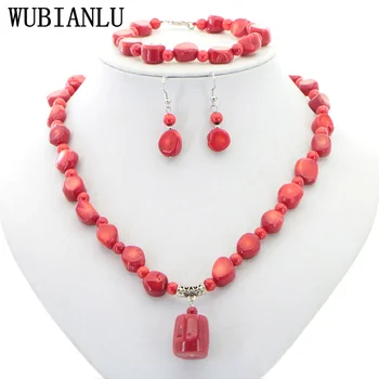 Natural Stone Red Coral Irregular Shape Isolation Round Beads Pendant Necklace Bracelet Earrings Jewelry Set Women Charms Gift