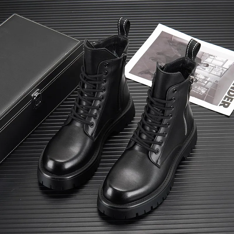 British mens Chelsea boots high top male height increasing platform short mid calf motorcycle 38-44