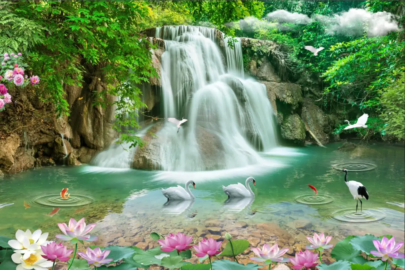 Mural de cascada personalizado, paisaje natural, bosque, pintura al agua  corriente, decoración del hogar, material autoadhesivo, papel tapiz 3d -  AliExpress, image size:1321x881