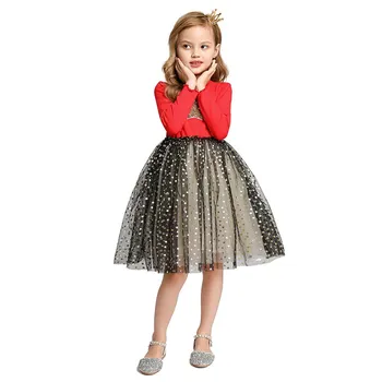 

MUABABY Girls Elegant Dress Children Long Sleeve Sequined Stars Applique Princess Dresses Kids Red Casual Clothes for 2-10 Years