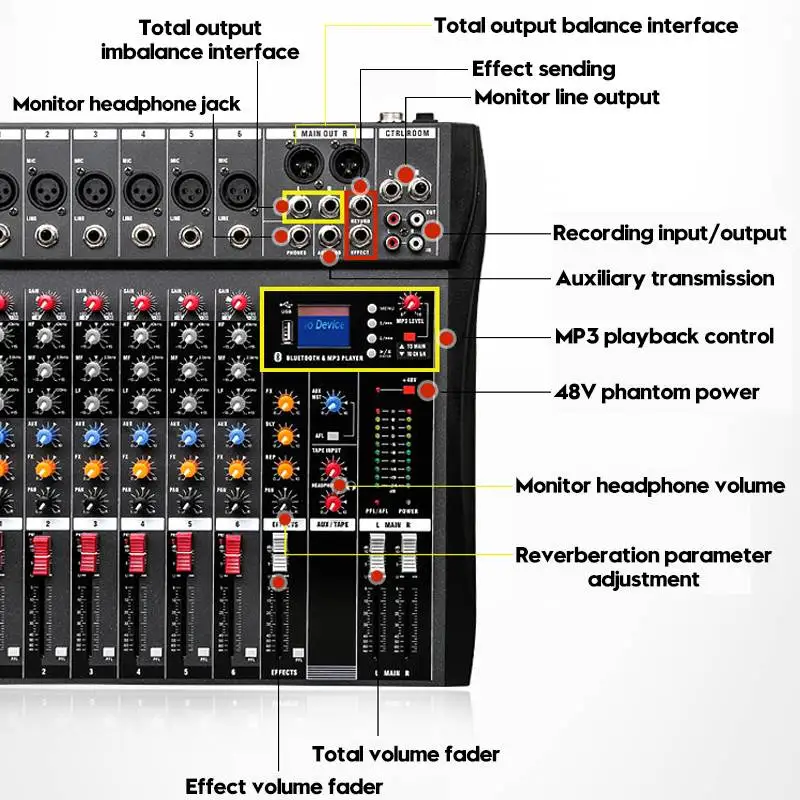 Профессиональный 6 каналов студийный аудио микшер bluetooth USB цифровой DJ звук микшерный пульт 48 В Phantom Power монитор усилитель