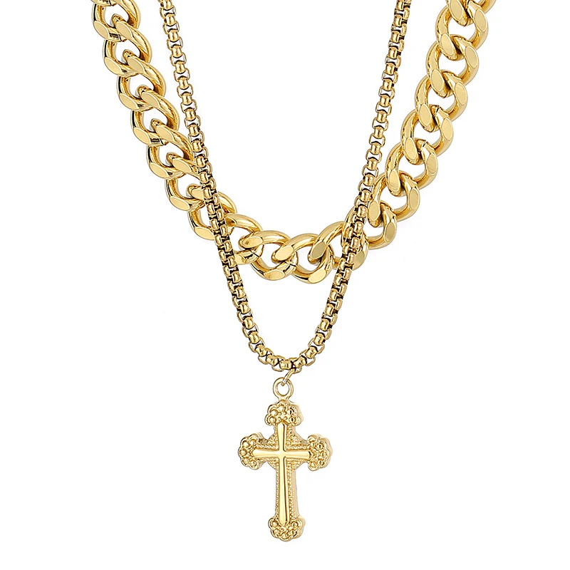 

Vintage Engraving Cross Pendant Catholic Jesus Stainless Steel Necklace Men's Women's Accessories