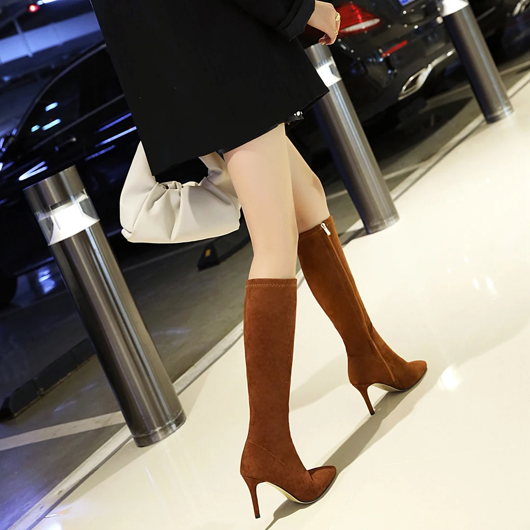 Women Fashion Boots 2023 Spring Autumn Flock Knee High Heels Plus Size 47 48 49 Female Pumps Korean Style Casual Shoes