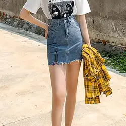 Новые сексуальные джинсовые Асимметричные мини юбки с высокой талией трапециевидная юбка на молнии тонкая Корейская шикарная популярная
