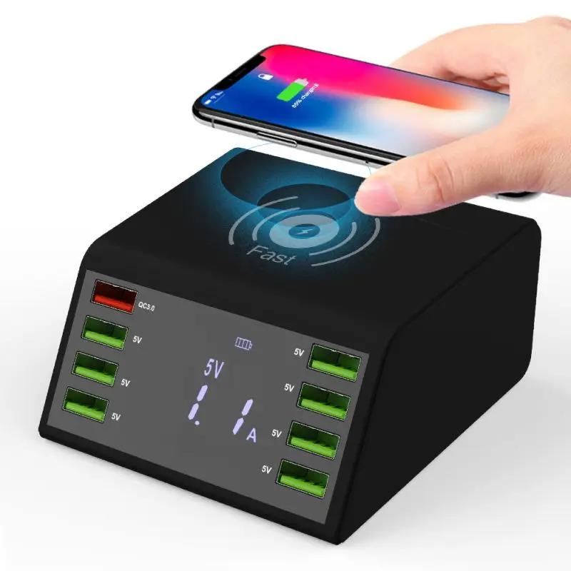 Mobile Phone Smart Charger With 8-Port USB QC3.0+10W Wireless Fast Charging Digital Display Smart Charger Built-in IC Chip